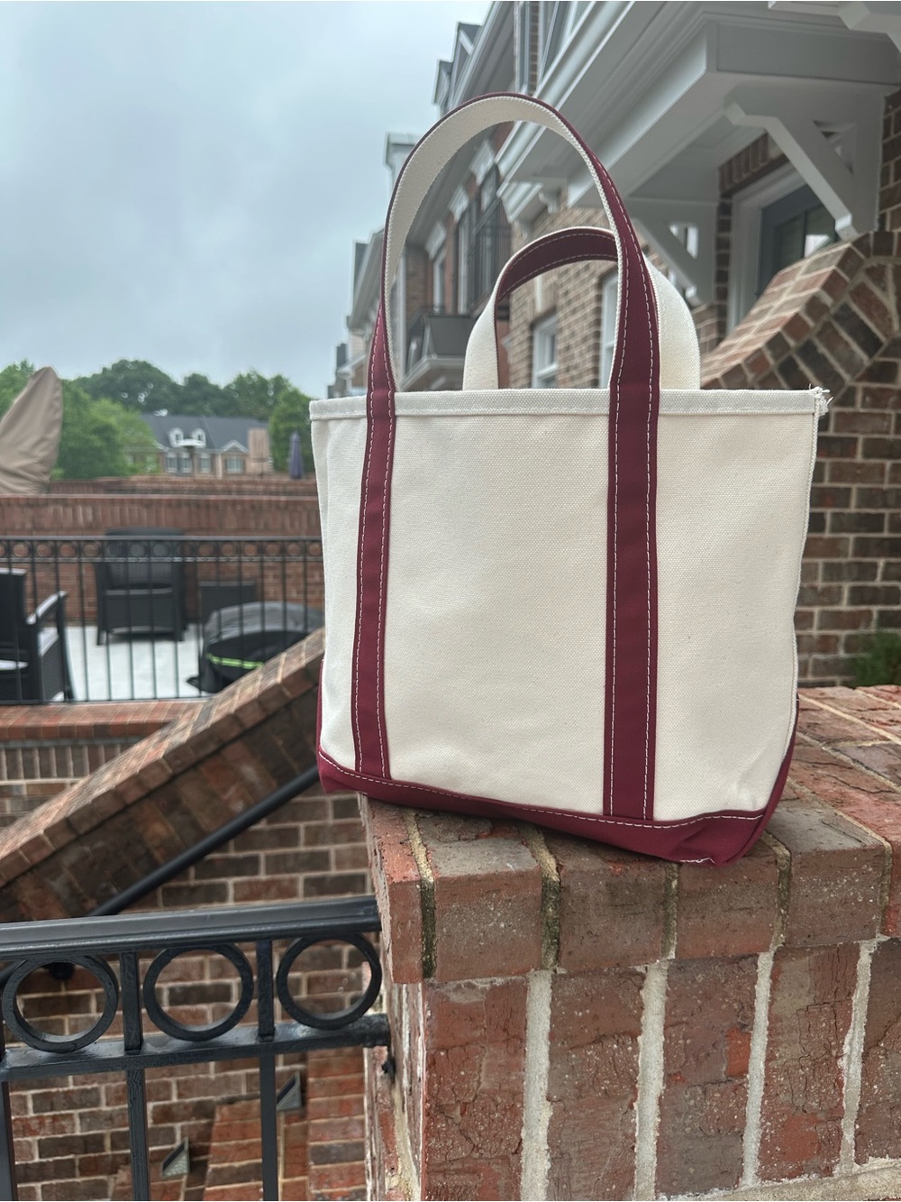 L.L. Bean Cream Canvas Boat and Tote with burgundy handles. NWT